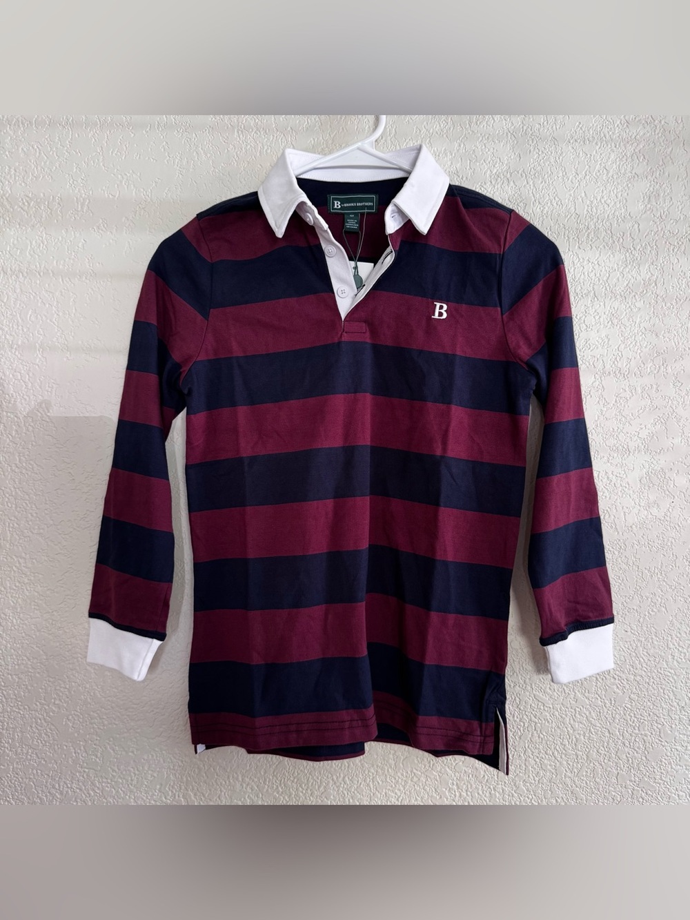 B by Brooks Brothers Burgundy and Navy Striped Rugby Polo White Collar Preppy 10
